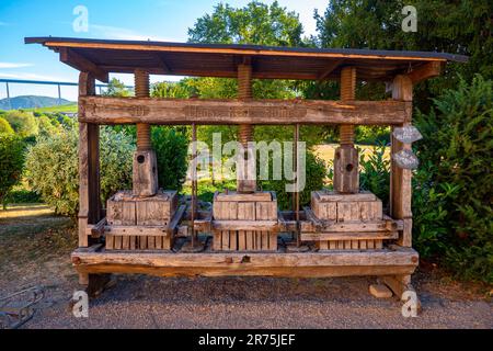 Old wine press in Machern Monastery near Zeltingen-Rachtig, Moselle Valley, Moselle, Rhineland-Palatinate, Germany Stock Photo