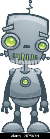 Cartoon vector illustration of a happy little robot with green eyes. Stock Vector