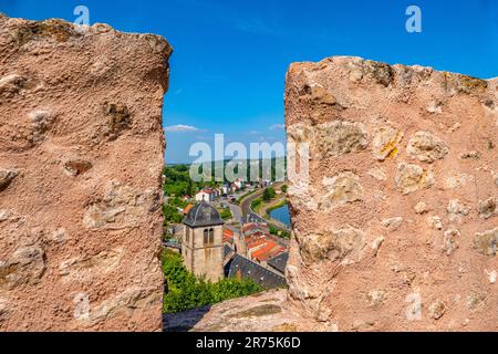 View from Sierck Castle over Sierck-les-Bains and the Moselle, Moselle, Lorraine, France, Sierck-les-Bains, Moselle Valley, Moselle, Grand Est, Alsace-Champagne-Ardenne-Lorraine, France Stock Photo