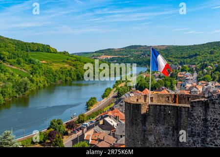 View from Sierck Castle over Sierck-les-Bains and the Moselle, Moselle, Lorraine, France, Sierck-les-Bains, Moselle Valley, Moselle, Grand Est, Alsace-Champagne-Ardenne-Lorraine, France Stock Photo