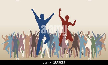 Colorful editable vector illustration of people jumping in celebration Stock Vector