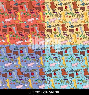 Seamless background or wallpaper design pattern with snakes, bats, cats, birds, fish, lady beetles and pigs. EPS contains swatches for each variation. Stock Vector