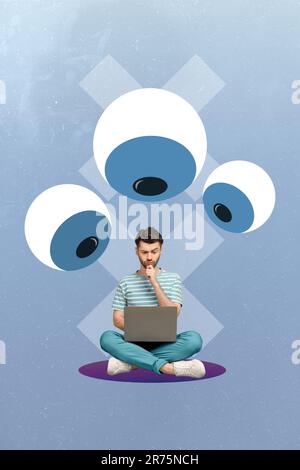 Vertical 3d creative artwork collage of young serious programmer cant understand where his data hackers stolen isolated on blue background Stock Photo