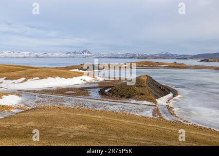 Winter view of frozen lake at Myvatn Stock Photo