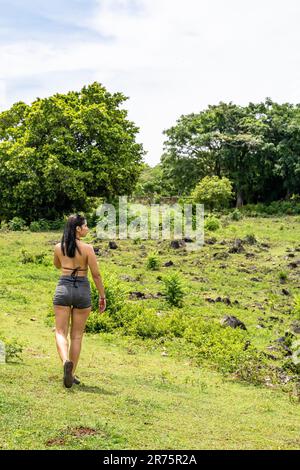 North America, Caribbean, Greater Antilles, Hispaniola Island, Dominican Republic, Sama Province, Sama Peninsula, Attractive woman strolling across a meadow Stock Photo