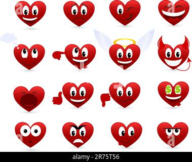 Set of smilies of heart shape with many emotions. Vector illustration. Stock Vector