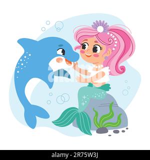 Cute cartoon pink haired mermaid with a friend dolphin. Vector cartoon isolated illustration in flat style. White background. For print, design, poste Stock Vector