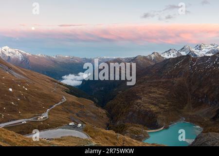 View in the evening from the Kaiser-Franz-Josefs-Höhe into the Mölltal in autumn, sunset, turquoise Margaritzenstausee, Großglockner Hochalpenstraße, Stock Photo