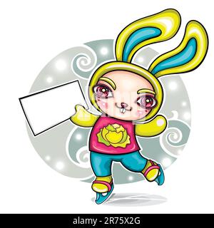 Vector greeting card: cute funny cartoon rabbit on Ice Skates, holding white blank paper sign, which can be used for you own text. Stock Vector