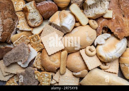 Italy, large amount of stale bread in different formats, food waste, uneaten food Stock Photo