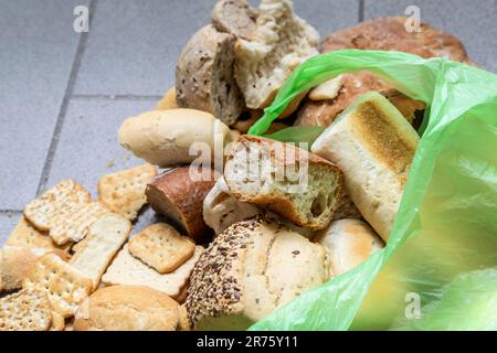Italy, large amount of stale bread in different formats, food waste, uneaten food Stock Photo
