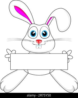 Vector illustration of a cute white bunny rabbit holding a blank sign.No gradient Stock Vector