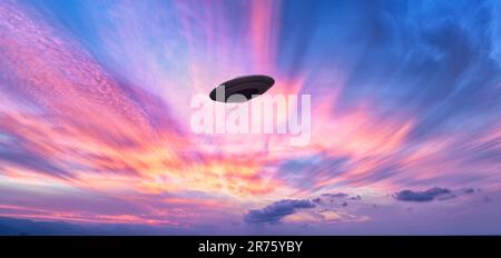 An Unidentified Flying Object Saucer Is Hovering In The Corlorful Surreal Sky Stock Photo