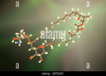 Amphotericin B antifungal drug molecule. Chemical formula is C47H73NO17. Atoms are represented as spheres: carbon (grey), hydrogen (light yellow), nit Stock Photo