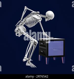 Back pain. Conceptual computer artwork of a human skeleton holding a hand to the lower back. Lower back pain, called lumbago, is very common, and is c Stock Photo