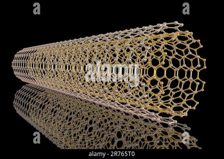 Carbon nanotube. Computer artwork showing the hexagonal carbon structure of a nanotube, or buckytube of varying size, with the smaller one nested insi Stock Photo