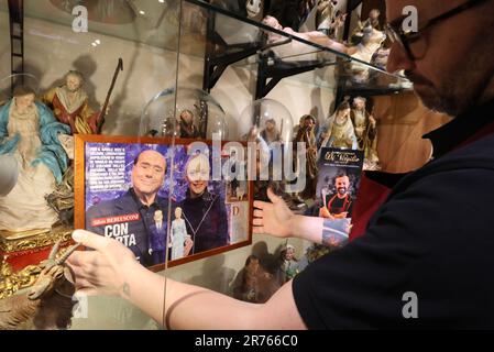 Naples, Italy. 13th June, 2023. Hello Silvio in Naples the statue of Di Virgilio to greet Berlusconi in San Gregorio Armeno Editorial Usage Only Credit: Independent Photo Agency/Alamy Live News Stock Photo