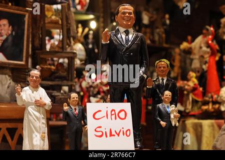 Naples, Italy. 13th June, 2023. Hello Silvio in Naples the statue of Di Virgilio to greet Berlusconi in San Gregorio Armeno Editorial Usage Only Credit: Independent Photo Agency/Alamy Live News Stock Photo