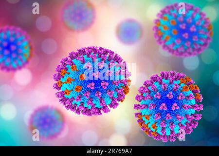 Flu viruses, computer illustration. Each virus consists of a core of RNA (ribonucleic acid) genetic material surrounded by a protein coat (blue). Embe Stock Photo