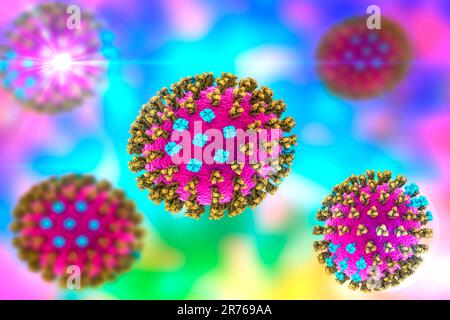 Flu viruses, computer illustration. Each virus consists of a core of RNA (ribonucleic acid) genetic material surrounded by a protein coat (purple). Em Stock Photo