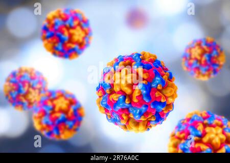 Rhinoviruses, computer illustration. The rhinovirus infects the upper respiratory tract and is the cause of the common cold. It is spread by coughs an Stock Photo