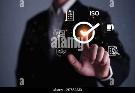 Quality management with Quality Assurance or QA and Quality Control or QC and improvement. Standardization, certification concept. Compliance to regul Stock Photo