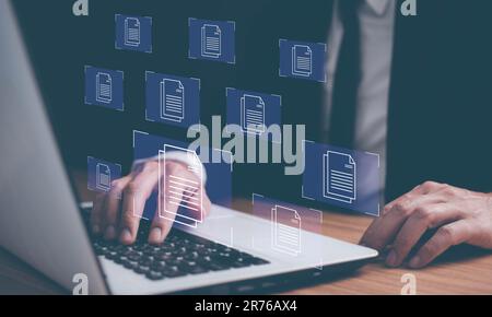 Online documentation database and document management system concept. Process automation to efficiently manage files. Stock Photo