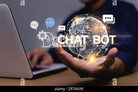 Chat with AI or Artificial Intelligence technology, Hand of businessman chatting with smart AI or artificial intelligence, Automate chatbot. Stock Photo