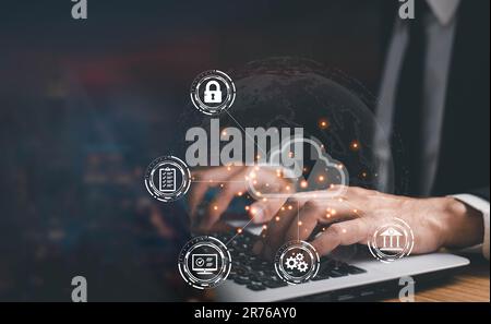 man use Laptop with cloud computing diagram show on hand. Cloud technology. Data storage. Networking and internet service concept. Stock Photo