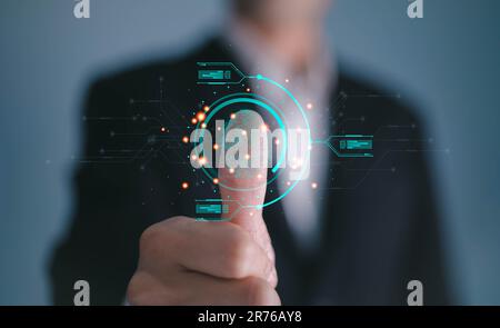 futuristic digital processing of biometric identification fingerprint scanner. concept of surveillance and security scanning of digital programs cyber Stock Photo