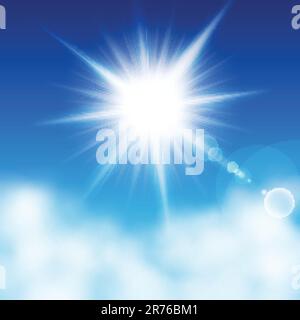 Sun with rays on a blue sky other the clouds. Vector illustration Stock Vector