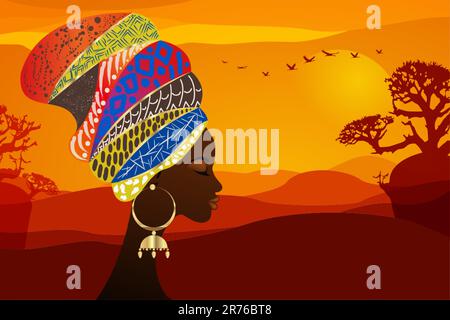 portrait beautiful African woman in traditional turban tribal motifs, Kente head wrap, African Traditional black women vector silhouette isolated Stock Vector