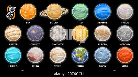 Vector Planet Set, lot collection of cut out illustrations solar system planets and cartoon satellites, set of different round celestial bodies surfac Stock Vector