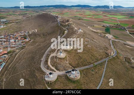 Aerial view of Don Quixote windmills in Consuegra, Toledo, Spain Stock Photo