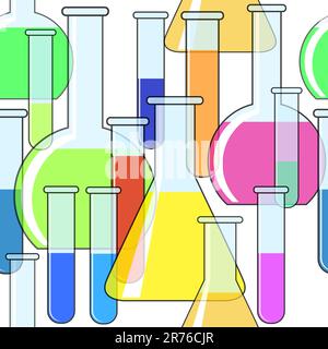 Abstract background with motley chemical glassware. Seamless pattern. Vector illustration. EPS-10. Stock Vector