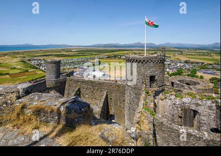 Harlech Castle built by Edward I in 1209 on a rocky crag overlooking Tremadoc Bay but now some way inland - Gwynedd Wales UK Stock Photo