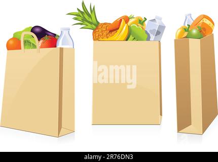 Isolated shopping bags in different positions full of groceries Stock Vector