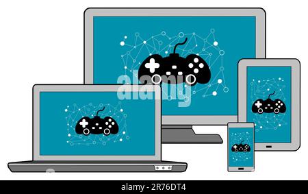 Online gaming concept shown on different information technology devices Stock Photo