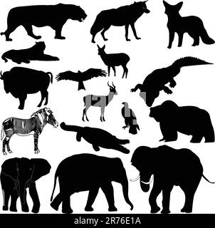 Vector illustration in silhouette of various wild animals Stock Vector