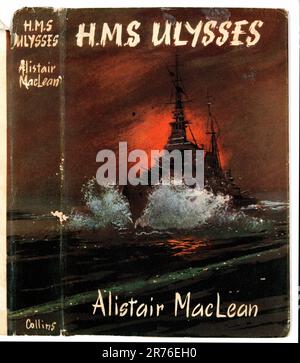 H.M.S. Ulysses by Scottish author, Alistair Maclean, published in 1955, the original mid-century illustrated 1950's book cover, illustrated by John Rose. The book tells the story of the  difficult challenges faced by the Arctic convoys to Russia during World War II. Stock Photo
