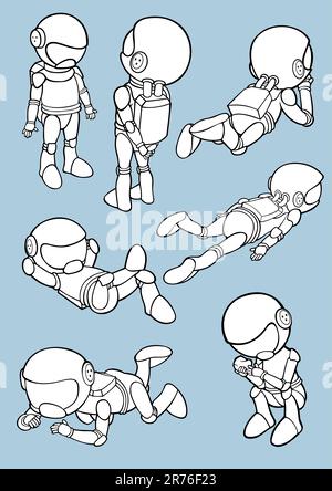 Set of astronauts in different poses. Vector illustration. Stock Vector