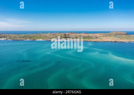 Aerial view, strait between Fionnphort and Iona island, ferry to Iona Abbey, Scotland, UK Stock Photo