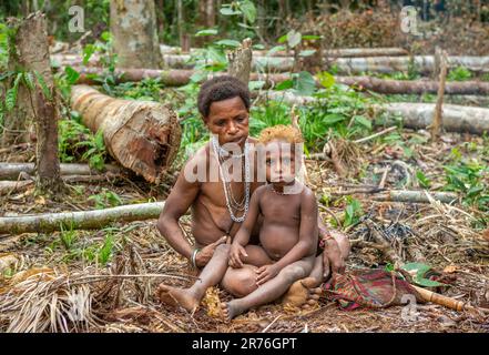 Woman of the Korovai tribe with a child. Tribe of Korowai (Kombai , Kolufo). June 10, 2016 in Onni Village, New Guinea, Indonesia Stock Photo