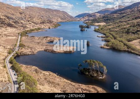 Aerial view of island Dumbledore's Grave,  lake Loch Eilt, scottisch highland, Scotland, UK Stock Photo