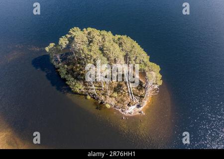 Aerial view of island Dumbledore's Grave, lake Loch Eilt, scottisch highland, Scotland, UK Stock Photo