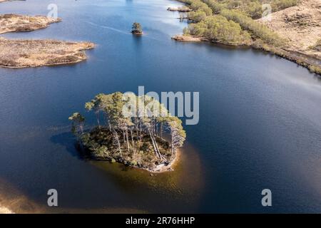 Aerial view of island Dumbledore's Grave, lake Loch Eilt, scottisch highland, Scotland, UK Stock Photo