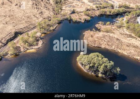 Aerial view to the west end of lake Loch Eilt with island Dumbledore's Grave, scottisch highland, Scotland, UK Stock Photo