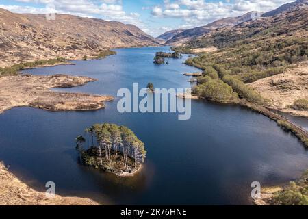 Aerial view over  lake Loch Eilt with island Dumbledore's Grave, scottisch highland, Scotland, UK Stock Photo