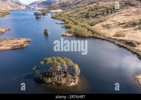 Aerial view over  lake Loch Eilt with island Dumbledore's Grave, scottisch highland, Scotland, UK Stock Photo