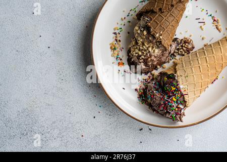 Top view of waffle cones with coffee and chocolate ice cream with multicolored sugar and nuts on a ceramic plate Stock Photo